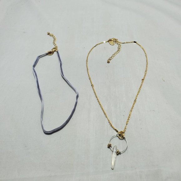Charming Charlie 2 necklace set - clear quartz gold chain & gray velvet neck - Picture 2 of 7